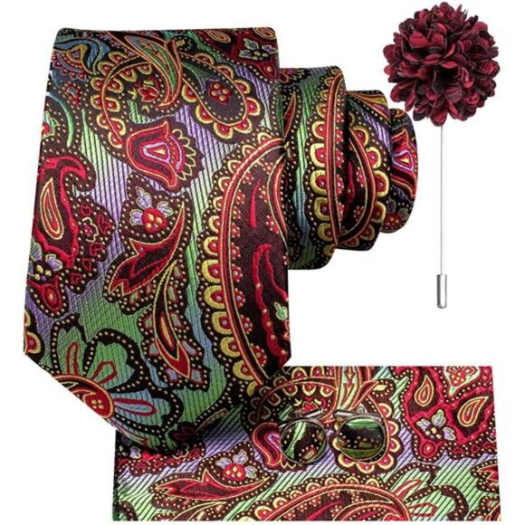 Mens Tie and Lapel Pin Paisley Striped Floral Necktie for Men Pocket Square - Picture 2 of 8